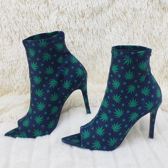 Navy Blue high heel ankle boot Pot Leaf Print - Picture 2 of 11